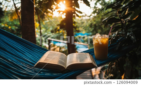 Relaxing in Hammock with Book and Drink in Tropical Jungle Setting 126094009