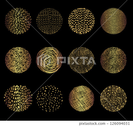 Gold vector doodle circle textures with lines, strokes for graphics design, branding and packaging 126094031