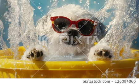 Playful Shih Tzu Puppy Splashing in Yellow Pool 126094060