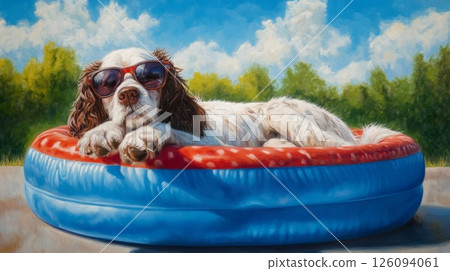 Relaxed Spaniel Dog Wearing Sunglasses in Inflatable Pool 126094061
