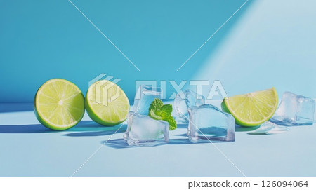 Refreshing Limes Ice and Mint on Blue Background 126094064