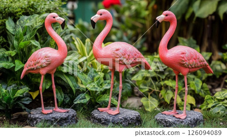 Pink Flamingo Statues in a Lush Green Garden 126094089