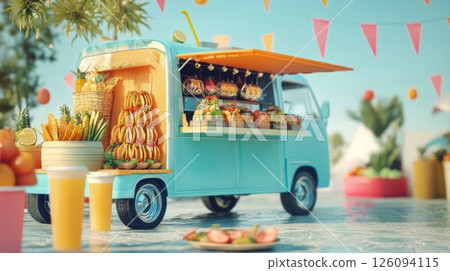 Bright Blue Food Truck at Summer Beach Party 126094115