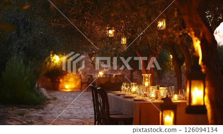 Romantic Outdoor Dinner Party in a Mediterranean Olive Grove 126094134