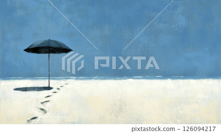 Solitary Beach Umbrella Under a Blue Sky Solitary Beach Umbrella Under a Blue Sky 126094217