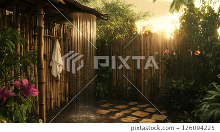 Tranquil Outdoor Bamboo Shower at Sunset 126094225