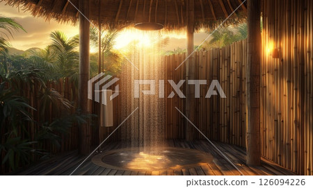 Sunset Outdoor Bamboo Shower in Lush Tropical Setting 126094226