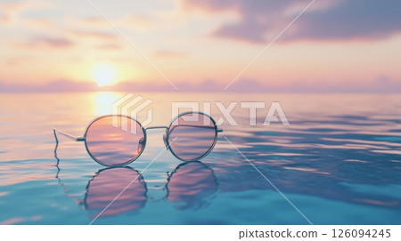 Round Sunglasses Reflecting Sunset on Calm Ocean Water Round Sunglasses Reflecting Sunset on Calm Ocean Water 126094245
