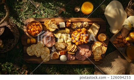 Rustic Wooden Board of Cheeses, Crackers, and Fruit Outdoors 126094253