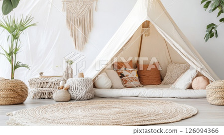 Boho Chic Kids Play Tent with Neutral Decor 126094366