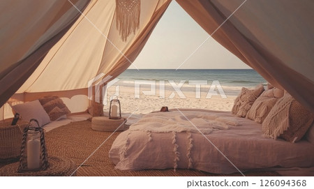 Beachfront Glamping Tent with Ocean View at Sunrise 126094368