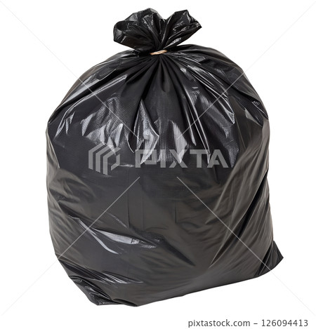 Full black garbage bag tied tightly, ready for disposal or waste collection Full black garbage bag tied tightly, ready for disposal or waste collection 126094413
