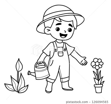 Outline Cute boy farmer in hat and overalls. Kid Gardening with garden tools watering can with plants. Isolated linear hand drawing doodle. Vector illustration Outline Cute boy farmer in hat and overalls. Kid Gardening with garden tools watering can with plants. Isolated linear hand drawing doodle. Vector illustration 126094565