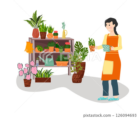 A stand with shelves for plants. Home garden. Plants and flowers on the shelves, various personal items. Watering can and jug for water. Sprayer. Gardening apron. 126094693