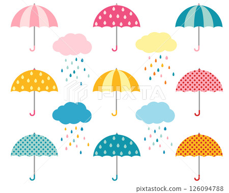 Cute umbrella collection and clouds with raindrops Cute umbrella collection and clouds with raindrops 126094788
