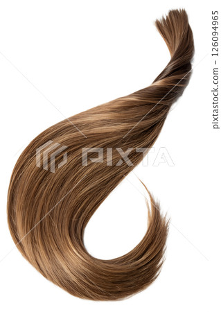 Single strand of wavy brown hair twisted into a spiral, reflecting light with a healthy shine Single strand of wavy brown hair twisted into a spiral, reflecting light with a healthy shine 126094965