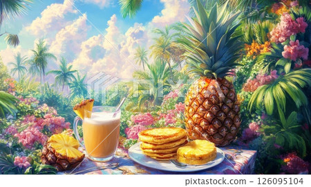 Tropical Breakfast: Pineapple Pancakes and Creamy Drink in Lush Paradise 126095104