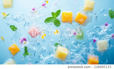 Colorful Fruit Ice Cubes with Mint and Flowers Colorful Fruit Ice Cubes with Mint and Flowers 126095115