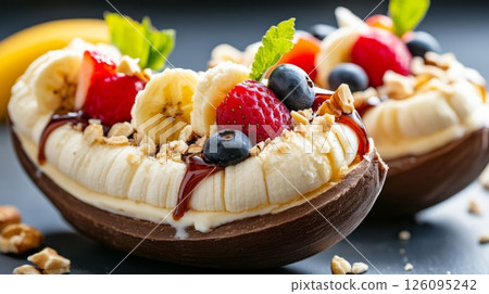 Chocolate Banana Boats with Ice Cream and Berries 126095242