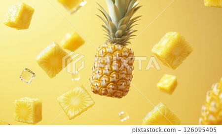 Floating Pineapple with Cubes on Yellow Background 126095405