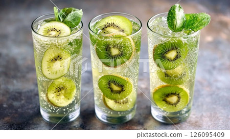 Three Glasses of Refreshing Kiwi and Mint Fizz Drink 126095409