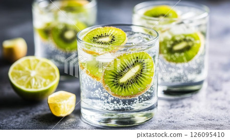 Refreshing Kiwi Lime Fizz Cocktail in Glasses 126095410