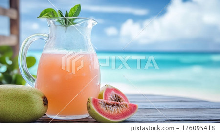 Pink Guava Juice Pitcher on Beach Table 126095418