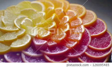 Colorful Citrus Fruit Slices Arranged in a Spiral Pattern Colorful Citrus Fruit Slices Arranged in a Spiral Pattern 126095485
