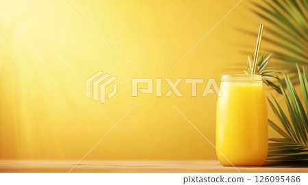 Refreshing Yellow Juice with Palm Leaf on Wooden Table 126095486