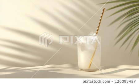 Refreshing Iced Drink with Straw in Glass on Sandy Beach 126095487