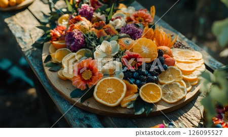 Colorful Fruit and Flower Arrangement on Rustic Wooden Board Colorful Fruit and Flower Arrangement on Rustic Wooden Board 126095527