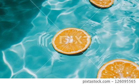 Orange Slices Floating in a Teal Pool 126095565