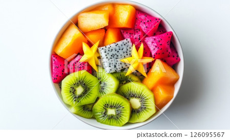 Colorful Tropical Fruit Salad in White Bowl 126095567