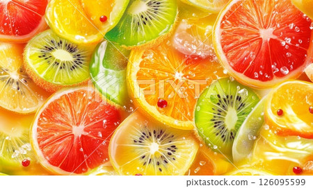 Vibrant Citrus and Kiwi Fruit Slices Background 126095599