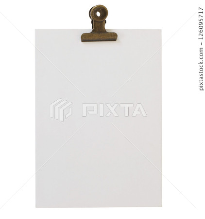 Empty note paper mockup. Message reminder card invitation template isolated on transparent background. White paper texture. Vintage brass gold metal bulldog clip. Business office stationery object 126095717