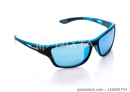 Modern stylish blue sports eyewear designed for outdoor activities and protection. 126095754
