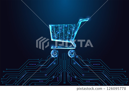 Smart retail and digital shopping concept with glowing cart and circuit board, vector illustration 126095778