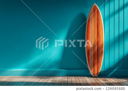 Sunlight streaming into a modern room with teal walls and wood floor illuminates a wooden surfboard leaning against the wall, evoking a sense of summer and surf adventures.International Surfing Day 126095880