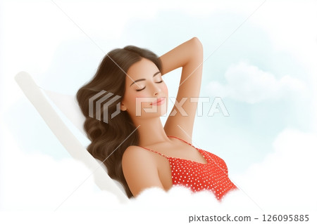Long haired brunette woman wearing a red sundress relaxes on a white beach chair, arms behind her head, eyes closed, surrounded by fluffy white clouds and a serene blue sky 126095885
