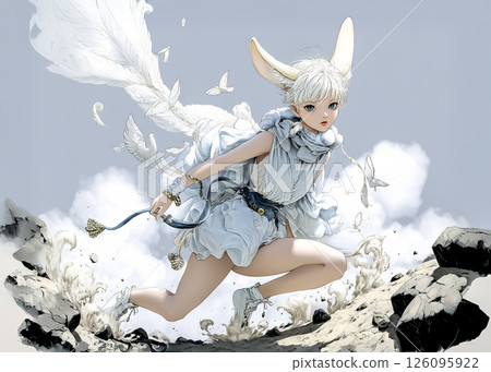 Illustration material of a smiling fennec fairy running happily on a rocky area 126095922