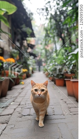 Ginger tabby cat walks towards the camera on a brick path with lush plants. 126095950