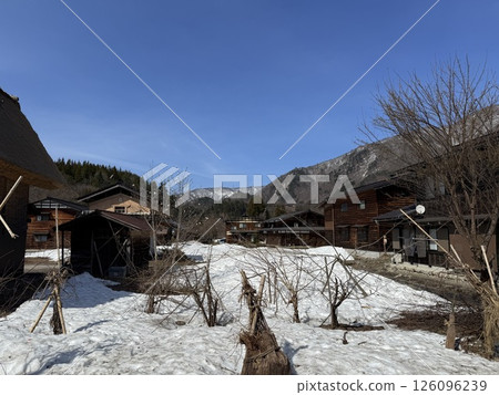 Shirakawa-go is historic village in Gifu Prefecture, famous for its gassho-zukuri farmhouses with steep thatched roofs, a UNESCO World Heritage Site. 126096239