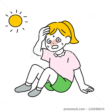 A girl sitting down with heat stroke 126096654