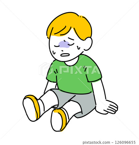 Illustration of a boy sitting down with a pale face (heat stroke, feeling unwell, emergency response) 126096655