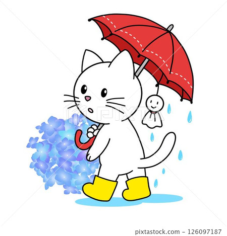 下雨天的陽光娃娃和貓(雨、季節性素材) 下雨天的陽光娃娃和貓(雨、季節性素材) 126097187
