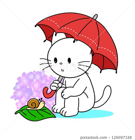 一隻貓在繡球花附近盯著一隻蝸牛(雨,季節性材料) 一隻貓在繡球花附近盯著一隻蝸牛(雨,季節性材料) 126097188