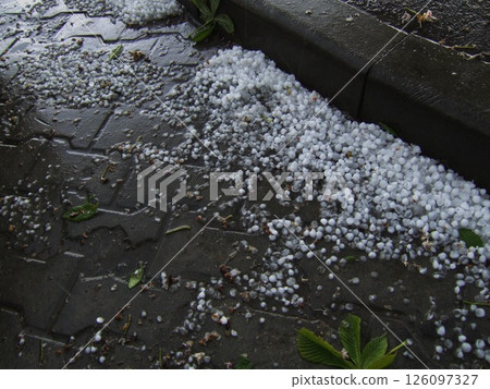 A sudden hailstorm has left the pavement blanketed with small ice pellets, creating a striking contrast with the surrounding greenery. A sudden hailstorm has left the pavement blanketed with small ice pellets, creating a striking contrast with the surrounding greenery. 126097327