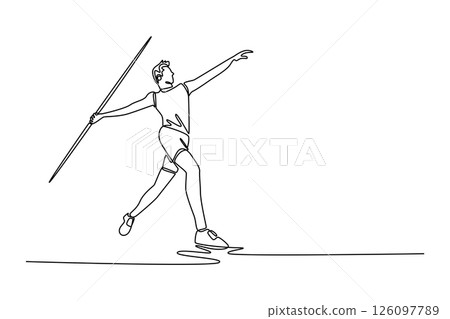Single one line drawing male athlete training for javelin throw on sports track national stadium. Athletic competition and tournament concept. Continuous line draw design graphic vector illustration Single one line drawing male athlete training for javelin throw on sports track national stadium. Athletic competition and tournament concept. Continuous line draw design graphic vector illustration 126097789