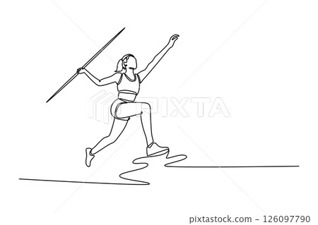 Continuous one line drawing strong female athlete throwing javelin practice on track field stadium. Sportswoman focused on stance in ready position. Single line draw design vector graphic illustration Continuous one line drawing strong female athlete throwing javelin practice on track field stadium. Sportswoman focused on stance in ready position. Single line draw design vector graphic illustration 126097790