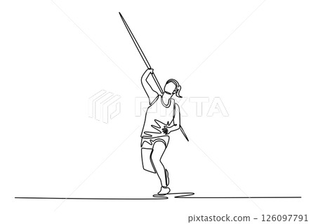 Continuous one line drawing female athlete training for javelin throw on sport national stadium. Healthy lifestyle, movement, activity, competition. Single line draw design vector graphic illustration Continuous one line drawing female athlete training for javelin throw on sport national stadium. Healthy lifestyle, movement, activity, competition. Single line draw design vector graphic illustration 126097791
